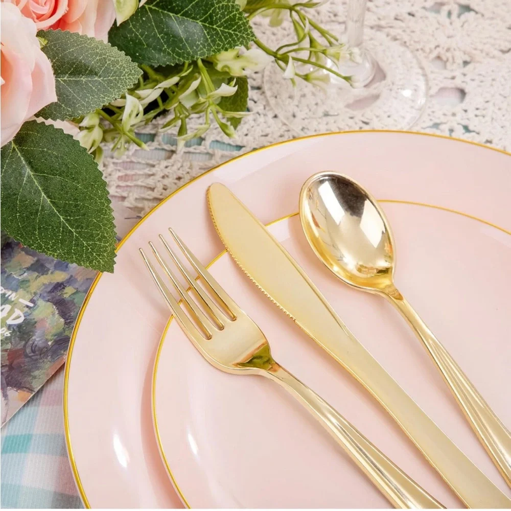 100PCS Pink Disposable Plates w Gold Rim 10.25 inch Ideal for Wedding💒&Party🥳